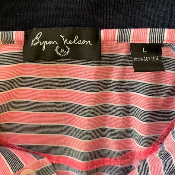 Byron Nelson Pink Navy Striped 3 Button Cotton Short Sleeve Polo Sz L - Picture 3 of 7